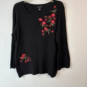 NEW DIRECTIONS Black Embroidered Floral Bell Sleeve Sweater XL Cotton Rayon